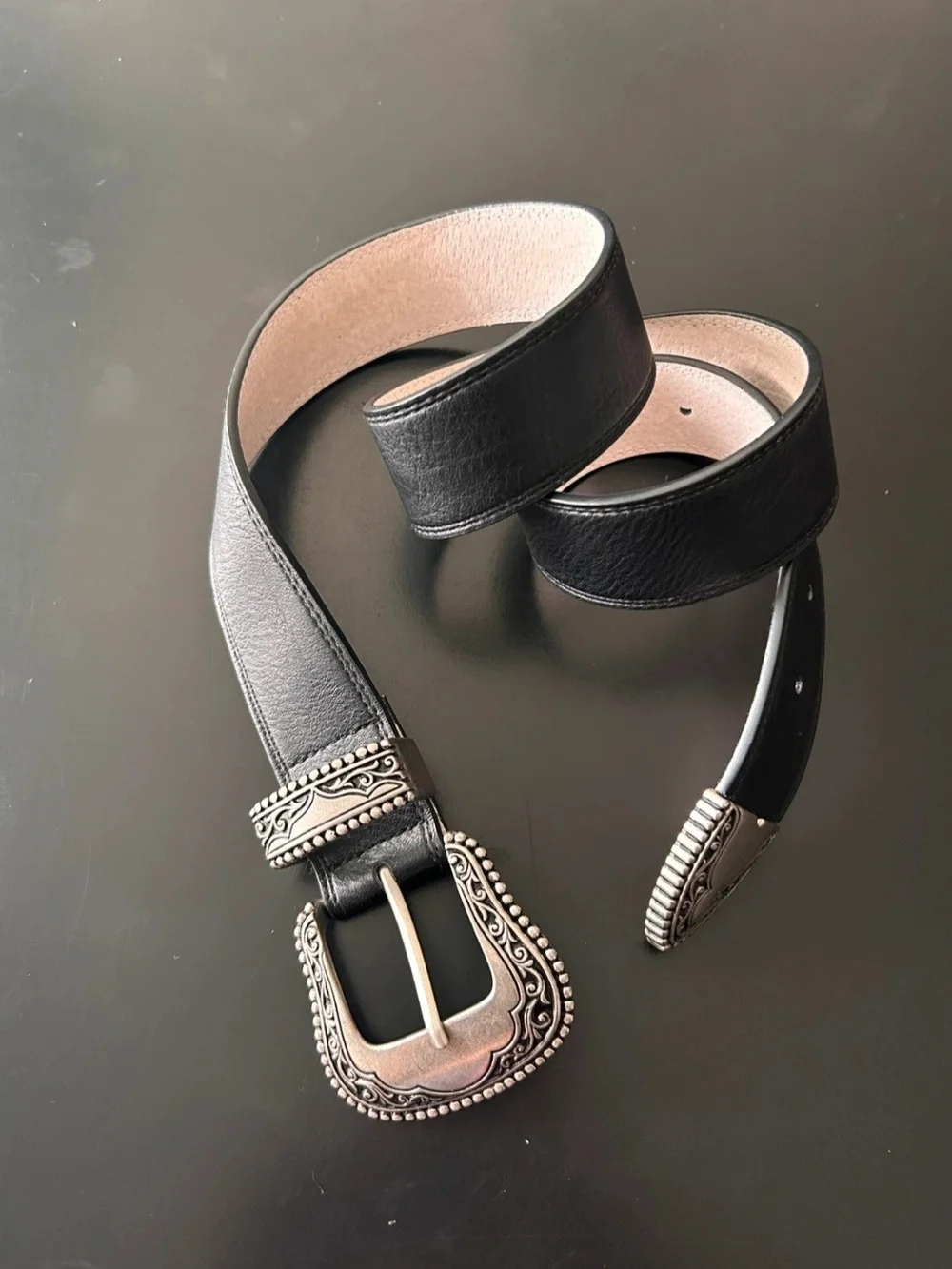 Vince Camuto Black Western Belt Ornate Silver Buckle Tip Cowgirl Boho Size 34